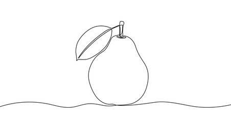 Pear with a leaf in one line art style. Drawing of a ripe fruit with a stem and a leaf, made by a continuous line with editable black stroke on a white background. Vector illustration.