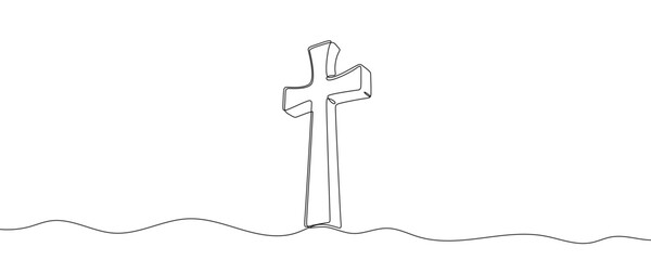 Christian cross in one line art style. Drawing of a religious symbol, made by a continuous line with editable black stroke on a white background. Vector illustration.