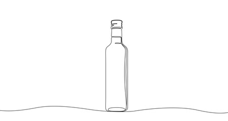 Bottle in one line art style. Drawing of a tall glass bottle for wine or oil, made by a continuous line with editable black stroke on a white background. Vector illustration.