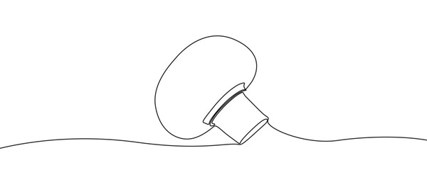 Mushroom in one line art style. Drawing of a champignon or forest mushroom, made by a continuous line with editable black stroke on a white background. Vector illustration.