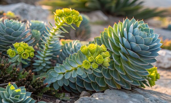 Euphorbia rigida Upright Myrtle Spurge with Blue Gray Spiral Foliage and Yellow Spring Flower Bracts in Mediterranean Rock Garden
