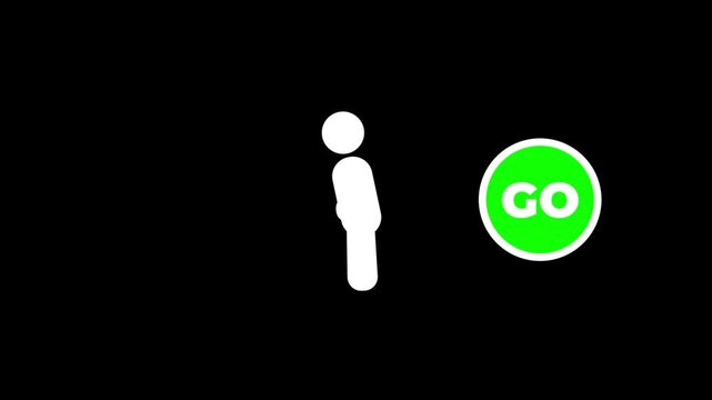 A white stick figure walks toward a green circular button labeled go to indicate that it is safe for a pedestrian to proceed forward immediately