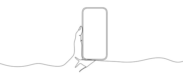 Hand holding a smartphone in one line art style. Drawing of a hand holding mobile phone, made by a continuous line with editable black stroke on a white background. Vector illustration.