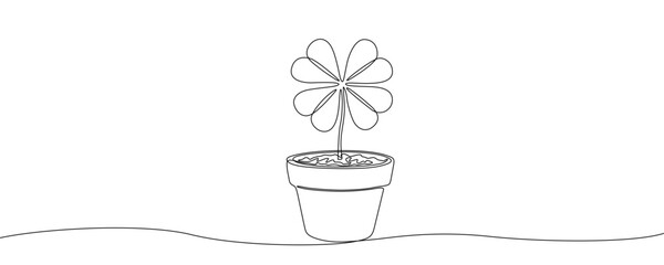 Four-leaf clover in a pot in one line art style. Drawing of a lucky plant, made by a continuous line with editable black stroke on a white background. Vector illustration.