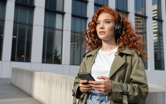 A young woman with fiery red hair thoughtfully uses her iPhone amidst a modern cityscape, capturing a serene mood.
