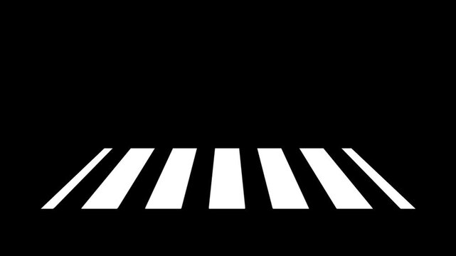 A series of white trapezoids are arranged in a horizontal row on a dark background to represent a standard zebra crossing for pedestrian safety