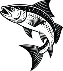 Fototapeta premium Leaping fish black and white vector on white background.