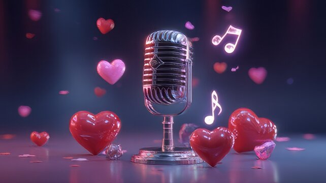Retro silver microphone surrounded by floating glowing hearts and musical notes symbolizing romantic concert performance or love song recording
