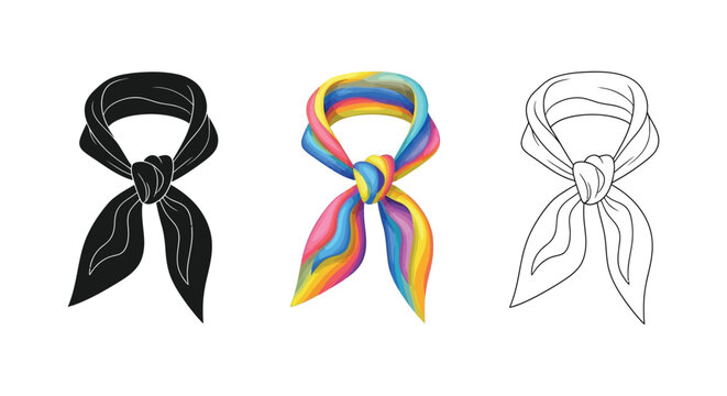 Set of three neckerchief or bandana illustrations in silhouette, color, and outline