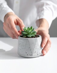 Close up of Person's Hands Caring for a Small Green Succulent Plant in a Geometric Gray Concrete Pot on a White Table with Soft Natural Light