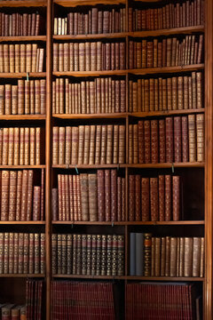 Austria, Vienna, August 6, 2025: Historic book collection arranged on wooden shelves inside the Austrian National Library State Hall.