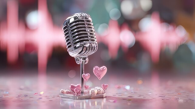 Vintage chrome microphone stand adorned with shiny pink hearts suggests a romantic performance or music concept against a dramatic soundwave backdrop