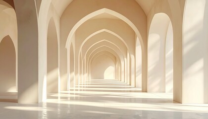Sunlight streams through an ornate hallway with arched doorways casting long shadows on a pale floor creating a serene and tranquil atmosphere