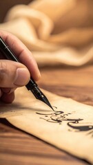 Close up of a hand holding a vintage dip pen writing calligraphy on aged parchment with warm studio lighting