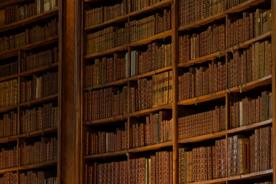 Austria, Vienna, August 6, 2025: Library wall of antique books inside the Austrian National Library State Hall (Prunksaal).