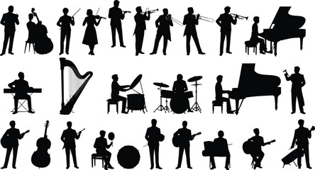 Musician orchestra band silhouette collection with piano, violin, trumpet, drum, guitar and harp players performing live concert isolated on white background © Shirina