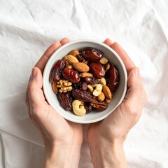 Two Hands Gently Hold A White Bowl Filled With A Nut And Dried Fruit Mix Including Dates Almonds Cashews And Walnuts On A White Textured Fabric