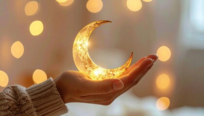 Close Up Of A Hand Holding A Glowing Crescent Moon Decoration With Soft Bokeh Lights In The Background