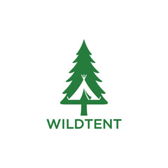 Fototapeta premium Pine tree with camping tent silhouette icon for outdoor adventure and mountain exploration logo of a travel brand named WILDTENT