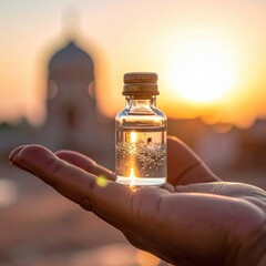 Hand holding a small glass bottle filled with clear liquid against a vibrant sunset with a domed building silhouette in the background