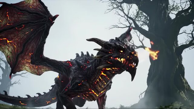 Ferocious black dragon with glowing lava cracks standing near a dark tree