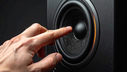 Person Touching A Black Speaker Cone With Orange Glow Spotlight Focused On The Center With Dark Background