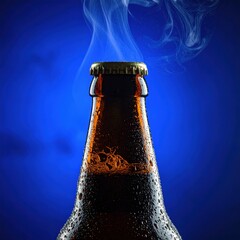 Close Up Amber Glass Beer Bottle Condensation Rising Blue Smoke Against Deep Blue Background Studio Lighting