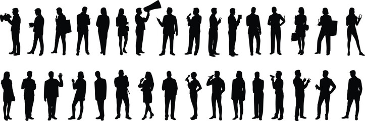 Business people silhouettes collection with men and women talking, presenting, calling and standing poses isolated on white background