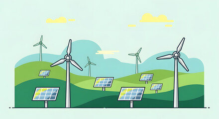 Fototapeta premium Renewable energy landscape with wind turbines and solar panels on hills