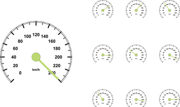 Automotive speedometer vector set, car dashboard gauges with green needles, 10 speed measurement icons for transport and performance tracking