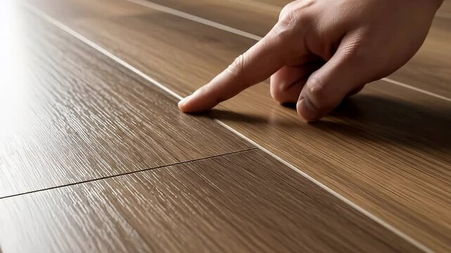 A close-up shot captures a person's finger gently touching the precise seam between two immaculate floorboards. The rich, warm brown tone of the flooring, with its distinct wood-grain texture, is beau