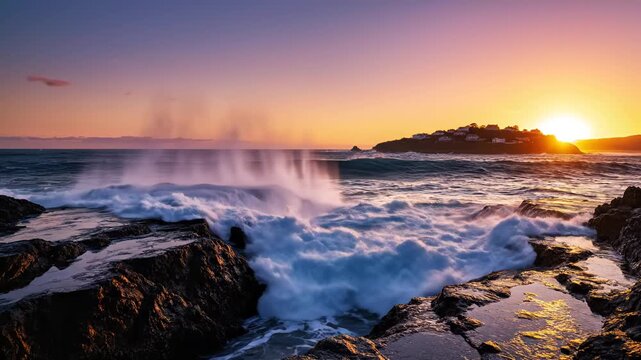 Ocean waves crashing on rocky shore at sunset