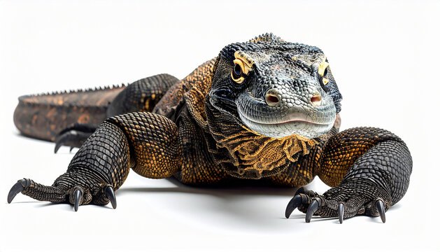 A powerful Komodo dragon, a large monitor lizard, in a striking frontal view. Its ancient scaly skin and intense gaze are highlighted on a clean white background