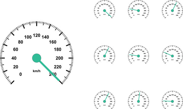 Minimalist speedometer vector set, 10 car dashboard gauges with teal needles, automotive speed measurement icons for performance tracking