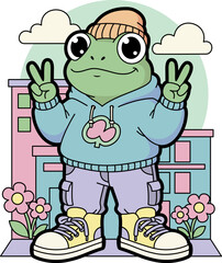 Quirky frog mascot standing upright - Cute Frog Streetwear Cartoon Character Vector - Kawaii Frog Showing Peace Sign Urban Style T-Shirt Vector