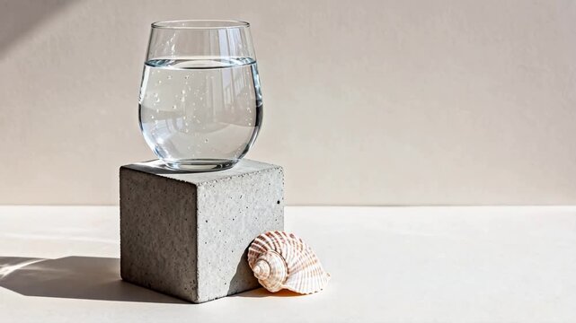 Glass of water on concrete block with shell