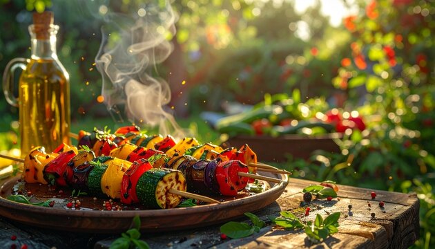 Gegrilltes Gem&uuml;se auf Spie&szlig;en im Garten