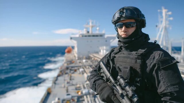 116Wide-angle view of an armed soldier standing on an oil tanker deck, expansive ocean surrounding the vessel, crisp shadows from intense sunlight, industrial structures and pipelines