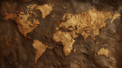 Fototapeta premium Vintage world map with aged parchment texture, detailed cartography in warm sepia tones for an antique aesthetic. 