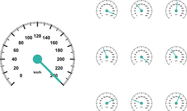 Modern speedometer vector set with 10 gauge icons, car dashboard dial collection in km/h, teal and black automotive performance indicators