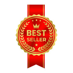 Realistic shiny red gold sticker, award, medal with silk ribbon. Round smooth emblem Best seller. Icon, label with crown, laurel wreath isolated on transparent background. Vector Illustration EPS10