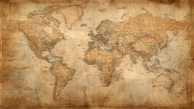 Vintage world map with aged parchment texture, detailed cartography in warm sepia tones for an antique aesthetic.
