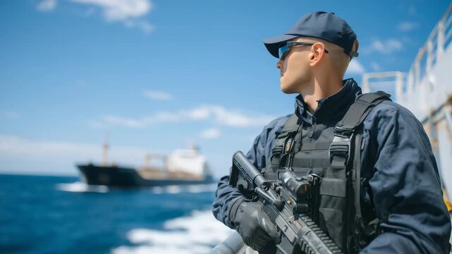 123Close-to-mid shot of a soldier guarding an oil tanker at sea, clean uniform, modern firearm, bright blue sky overhead, calm waters stretching to the horizon, energy infrastructure