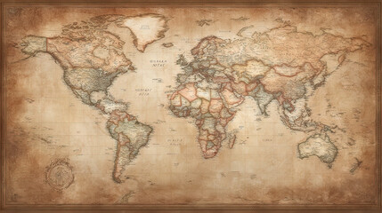 Fototapeta premium Vintage world map with aged parchment texture, detailed cartography in warm sepia tones for an antique aesthetic. 
