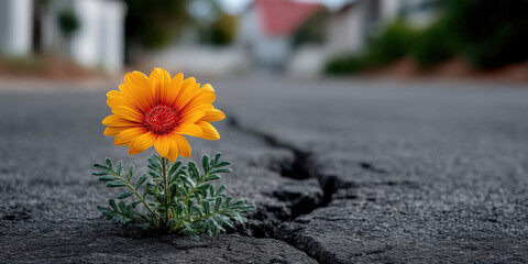 Bright orange flower grows through cracked asphalt, symbolizing resilience, hope, and nature thriving in urban environment