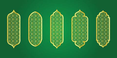 Golden Ramadan arch collection with ornament patterns and iIslamic geometric designs for mosque decoration. Vector Illustration