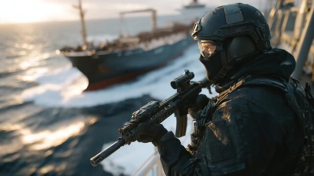 135Professional maritime security scene showing a soldier with a gun aboard an oil tanker sailing through open ocean, strong sunlight, clean visibility, balanced composition, global c