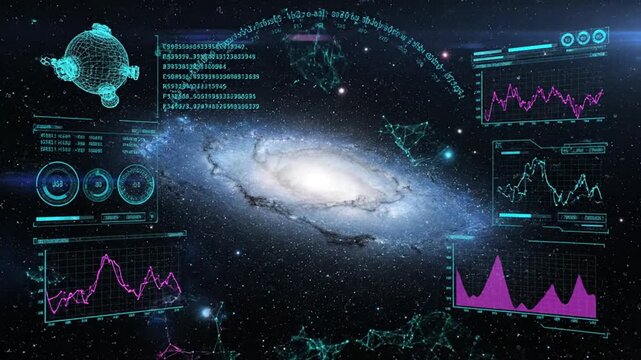 Futuristic Heads Up Display Interface Analyzing a Spiral Galaxy.