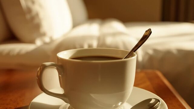 Fresh hot coffee in white ceramic cup with spoon on bedside table near comfortable bed