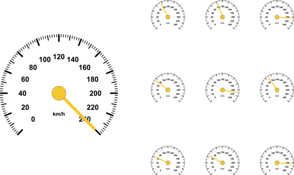 Minimalist speedometer vector set with 10 icons, car dashboard gauges with yellow needles, automotive speed measurement dial collection